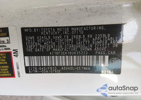 2011 Toyota Camry Le из США, поврежденный, VIN 4T1BF3EK1BU635223